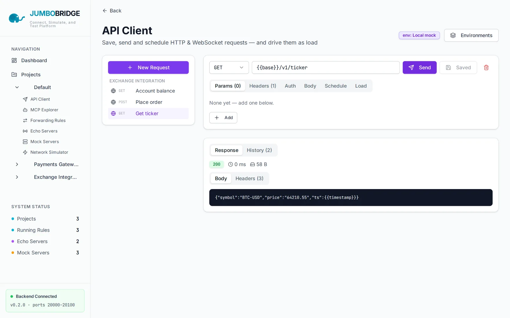 The API Client with a saved GET request selected and a 200 JSON response shown in the response panel.