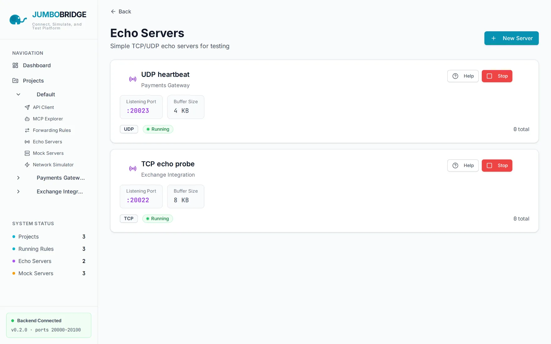 The Echo Servers page with running TCP and UDP echo listeners showing their ports and buffer sizes.