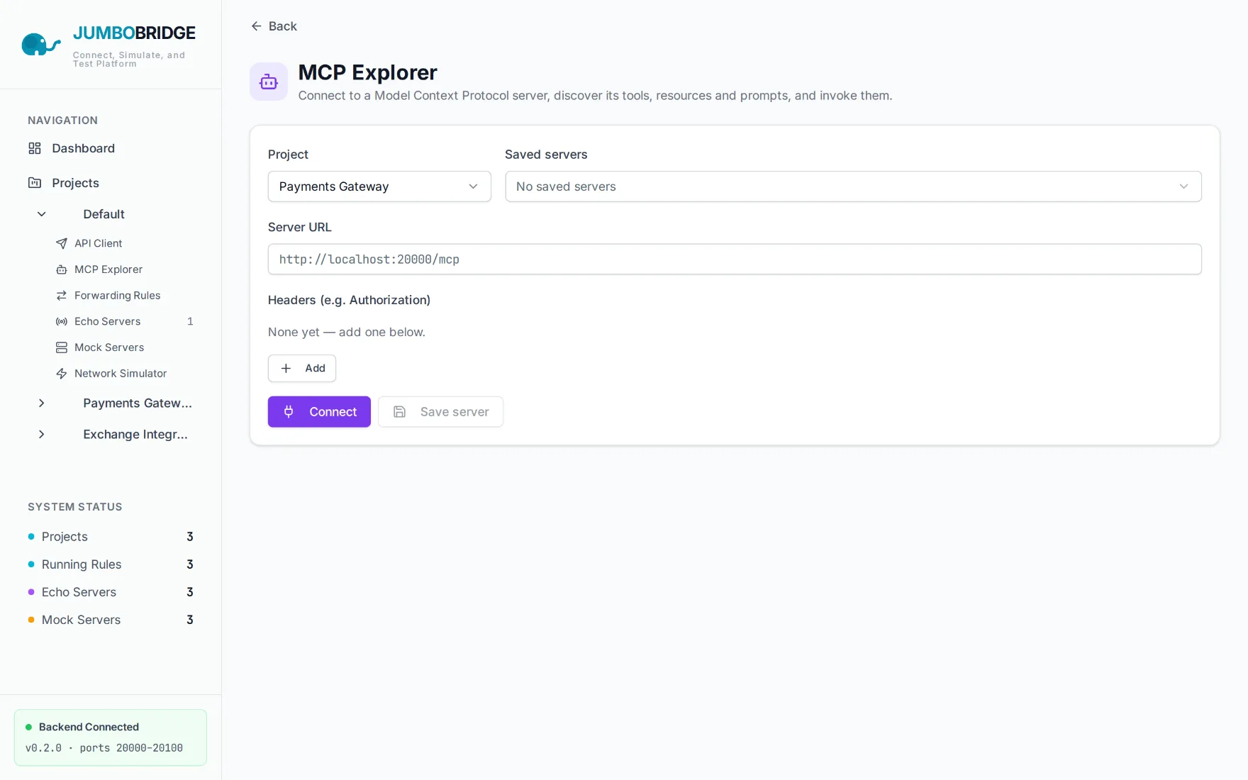 The MCP Explorer connect form with a server URL field and headers, ready to connect to a Model Context Protocol server.