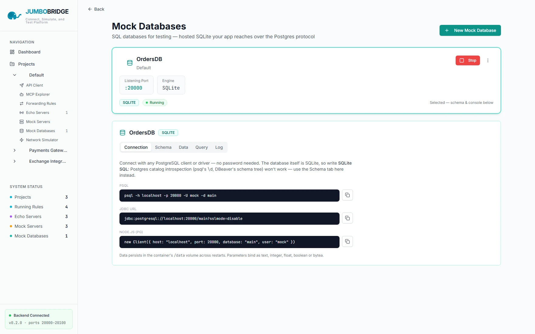 The Mock Databases page with a running SQLite database selected, showing ready-to-copy psql, JDBC and node-postgres connection snippets for its port.