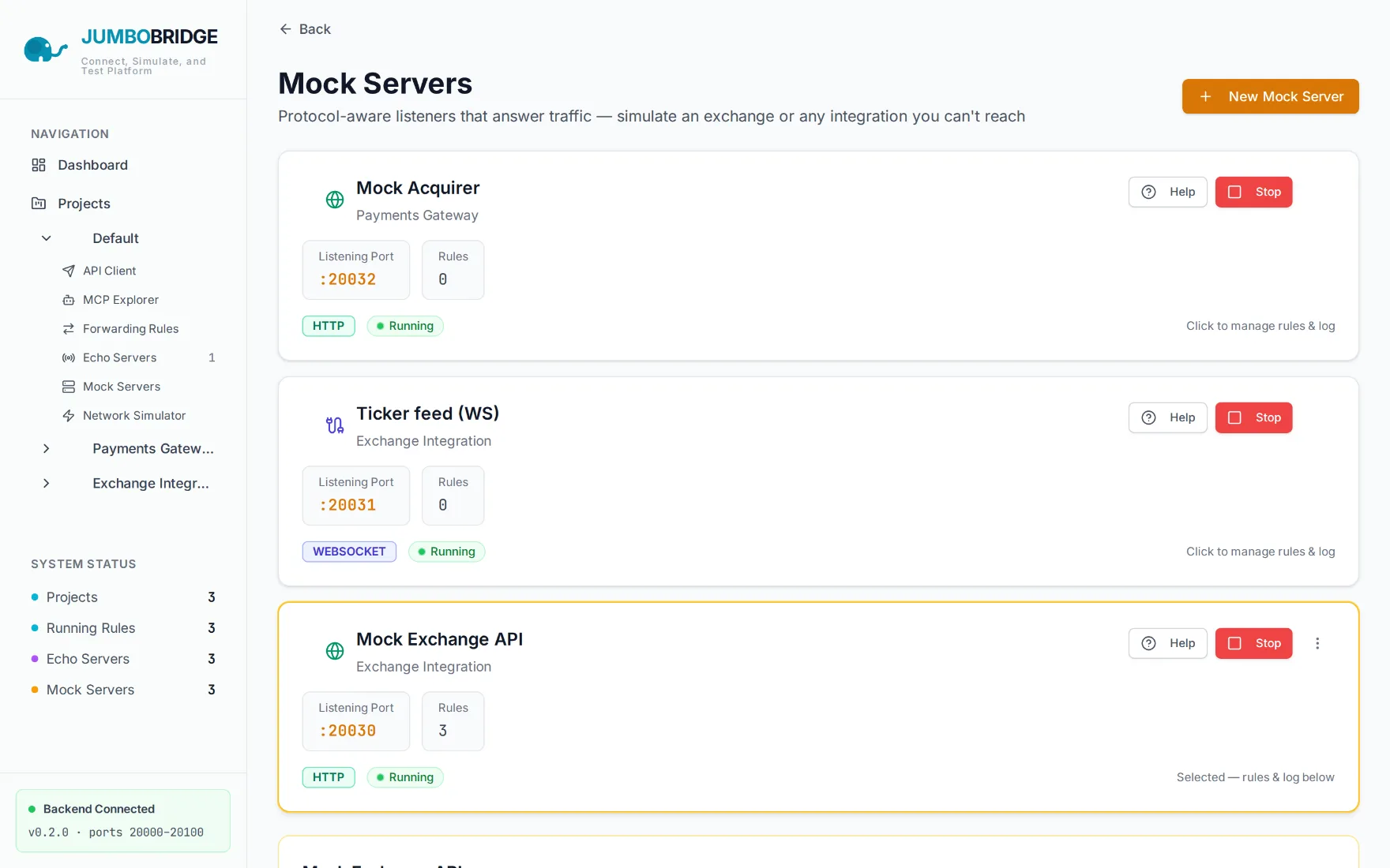 The Mock Servers page with HTTP and WebSocket mocks; one HTTP mock is selected showing it serves three request rules.
