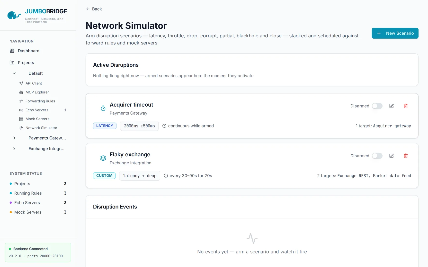 The Network Simulator with two disruption scenarios — a continuous latency scenario and a scheduled latency-plus-drop scenario — each targeting forwarders.
