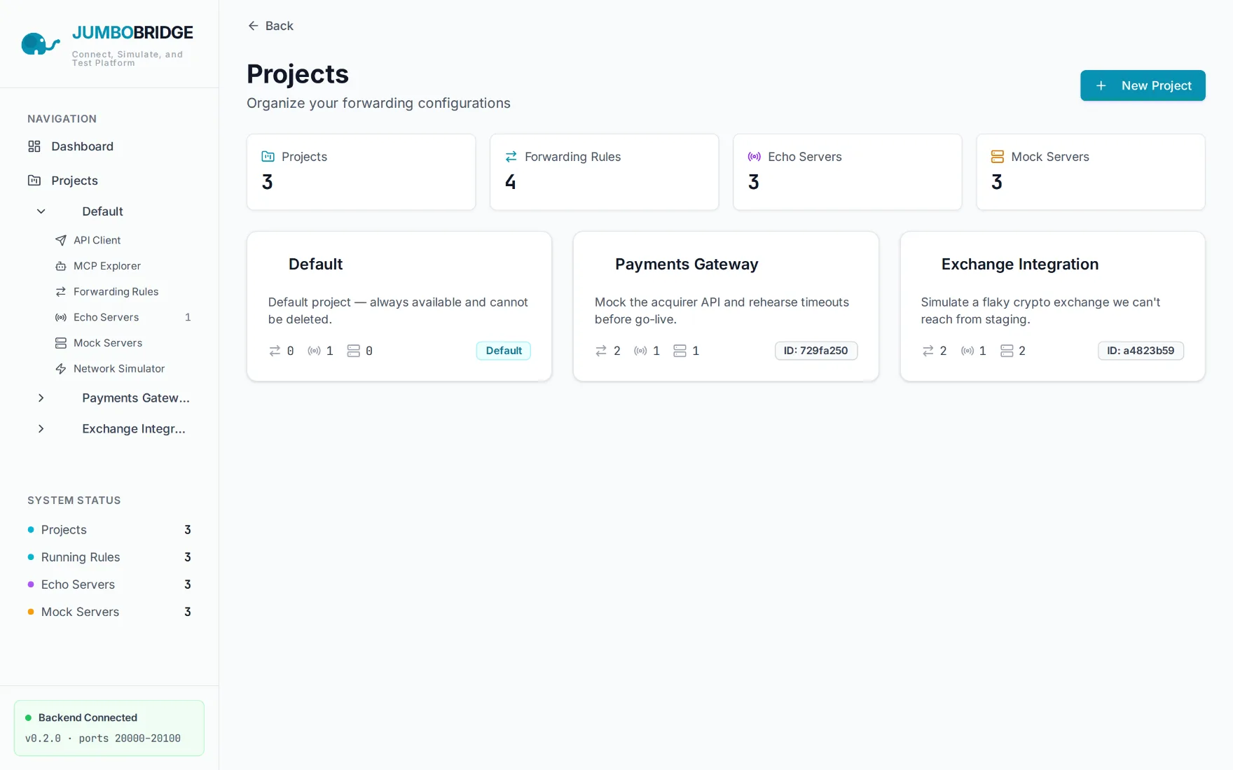 The Projects page with cards for the Default, Payments Gateway and Exchange Integration projects.